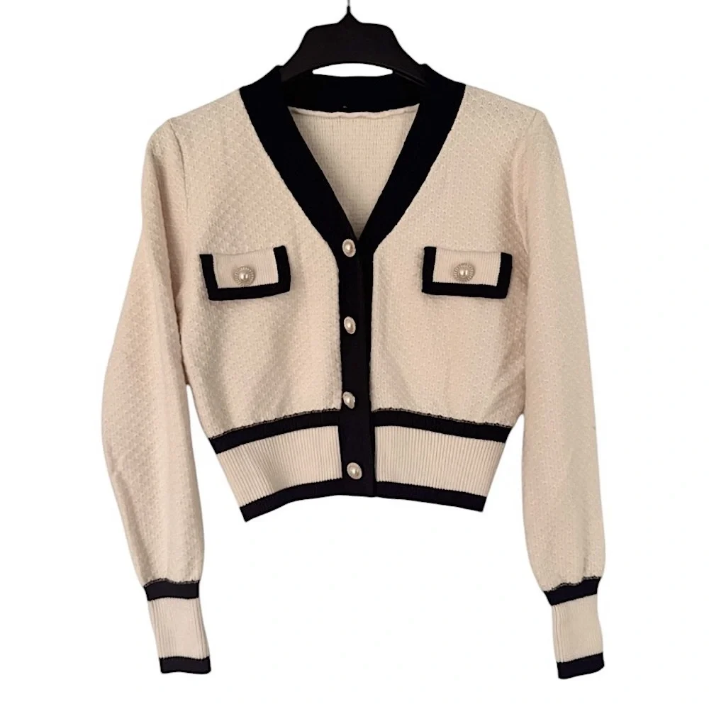 Color Block Button Front V-Neck Cardigan Size Large - Picture 3 of 8